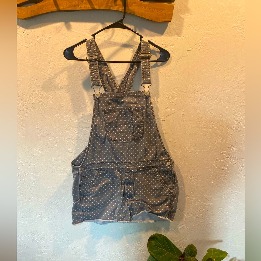 Grey polkadot American eagle shirt overalls
